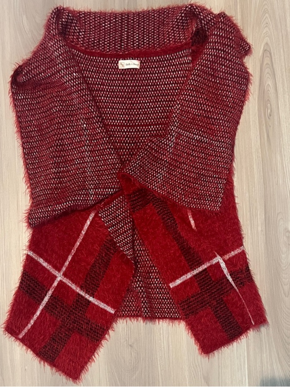Cozy Red Open-Front Knit Vest with Attached Scarf